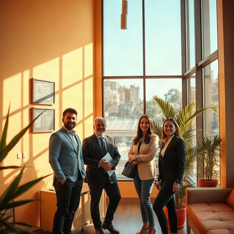 Equipe boutique da Deltamlumen em escritório com tons âmbar e dourados em Curitiba