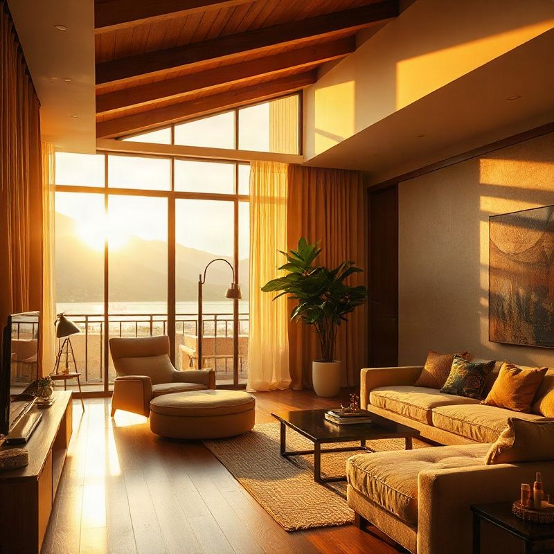 Interior de apartamento de alto padrão em Curitiba banhado por luz âmbar-dourada